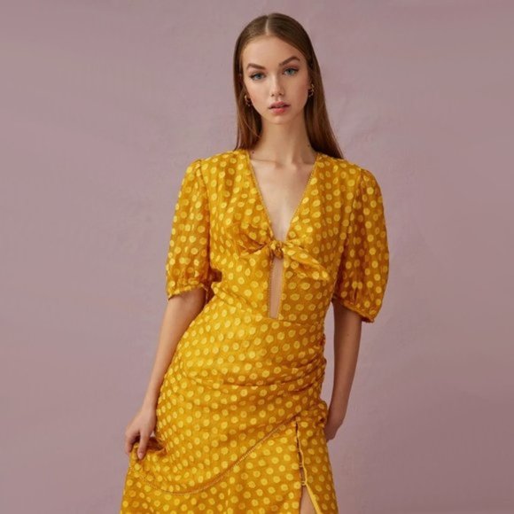 NWOT Keepsake mustard dot print ruched midi dress - Picture 2 of 7